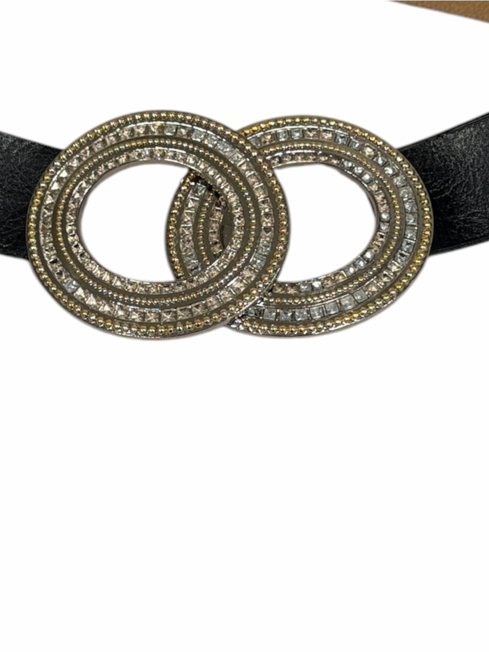 Chico's Black Rhinestone Double Circle Buckle Belt S/M Faux Leather